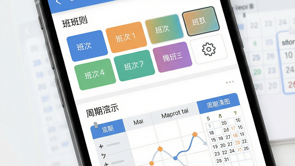 排班值班表软件功能展示图,画面主体为手机界面中的轮班规则设置面板,布局采用上下分层结构,上方为班次色块选择区,下方为周期推演示意图,风格为现代扁平化设计,细节包含齿轮图标与日历格子,画质清晰,画面干净,无多余元素