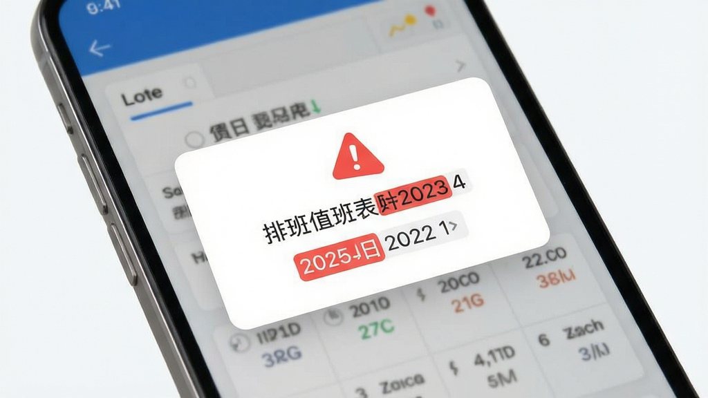 排班值班表软件冲突提醒功能示意图,画面主体为手机屏幕特写,布局为居中弹出提示框,风格为简洁明快的卡片式设计,细节包含红色警示图标与冲突日期高亮标记,画质高清,画面干净,无多余元素