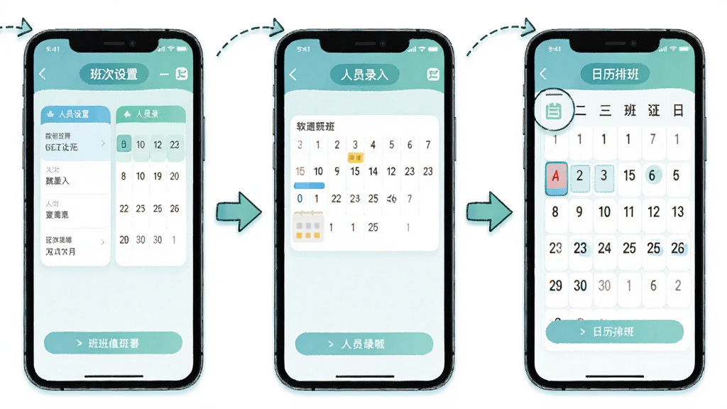 排班值班表软件操作流程示意图,画面主体为三部手机并排展示,布局从左至右依次为班次设置、人员录入、日历排班三个界面,风格为清新简约的插画风,细节包含箭头引导与界面元素特写,画质清晰,画面干净,无多余元素