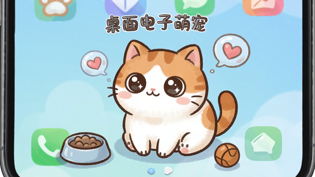 一张手机桌面截图,画面中央是一只圆润可爱的卡通小猫宠物,毛色为橘白相间,大眼睛闪烁,正坐在手机图标之间,周围环绕着喂食碗、小皮球和爱心气泡,背景是浅蓝色渐变桌面壁纸,风格为清新手绘卡通,细节柔和干净,画质清晰明亮,无多余元素,画面中带文字“桌面电子萌宠”