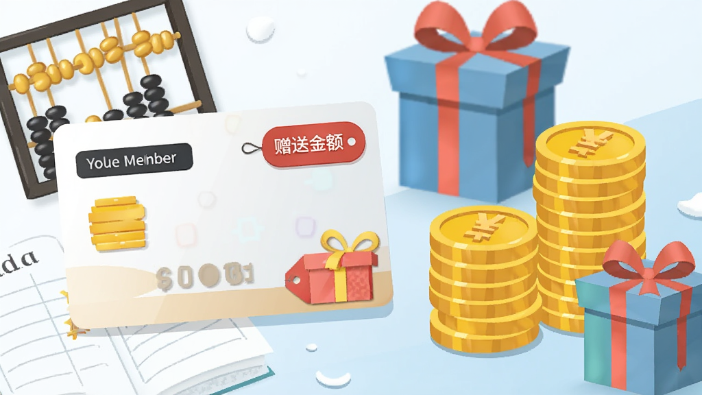 画面主体为一张会员卡与金币、礼物盒组合的创意场景,布局为左侧会员卡右侧金币堆叠,排版采用对角线构图,风格为清新扁平化商业插画,细节包含“赠送金额”字样标签、算盘与账本元素,画质高清干净,无多余元素