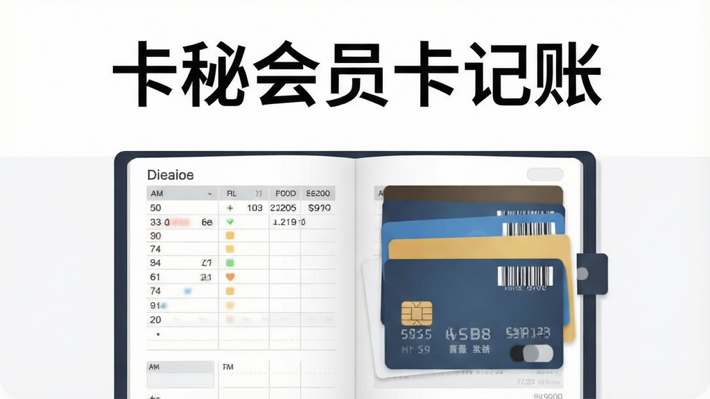 画面主体为一本打开的记账本与多张会员卡并排摆放,布局采用居中构图,上方留白放置软件名称“卡秘会员卡记账”文字,排版整齐清晰,风格为简约商务扁平化插画,细节包含账本页面上的数字条目、卡片上的条形码与芯片纹理,画质高清干净,无多余元素