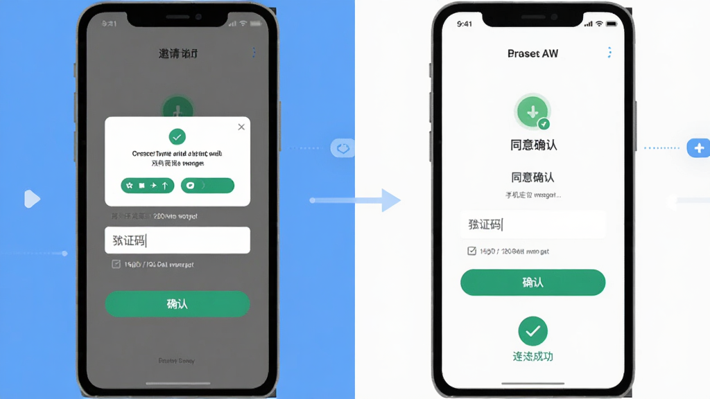 手机定位追迹找人双向授权流程示意图,主体为两部并排的手机设备,布局为左右对照式排版,左侧手机显示邀请发送界面右侧手机显示同意确认界面,风格为清爽扁平化UI风格,细节包含授权弹窗、验证码输入框、确认按钮、连接成功状态图标,画质清晰干净无多余元素