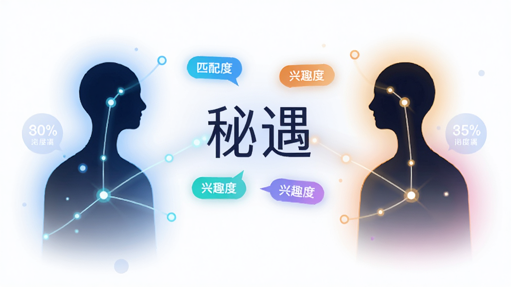 画面主体为两个抽象人形轮廓通过发光线条连接,中间浮现“秘遇”字样与兴趣标签气泡,布局为左右对称式构图,风格为科技感插画,细节包含数据节点、匹配度百分比与柔和光晕,画质高清,干净无多余元素