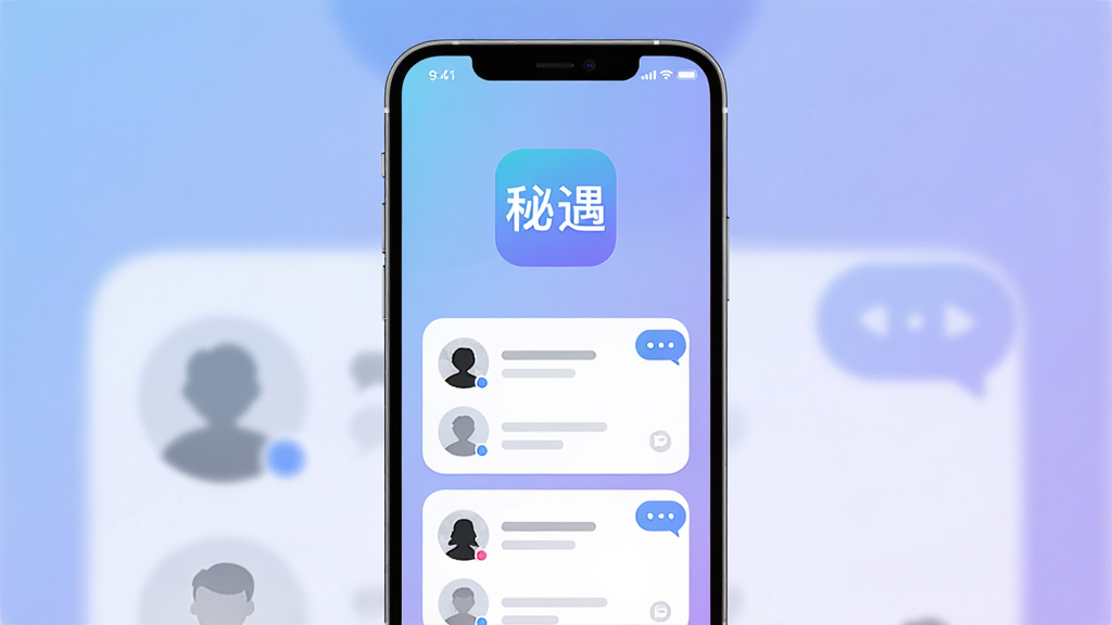 画面主体为一部竖屏智能手机,屏幕中央显示“秘遇”应用的主界面图标与社交卡片布局,背景采用柔和的渐变蓝紫色调,布局简洁居中,风格为现代扁平化UI设计,细节包含圆角图标、消息气泡与用户头像剪影,画质清晰,干净无多余元素