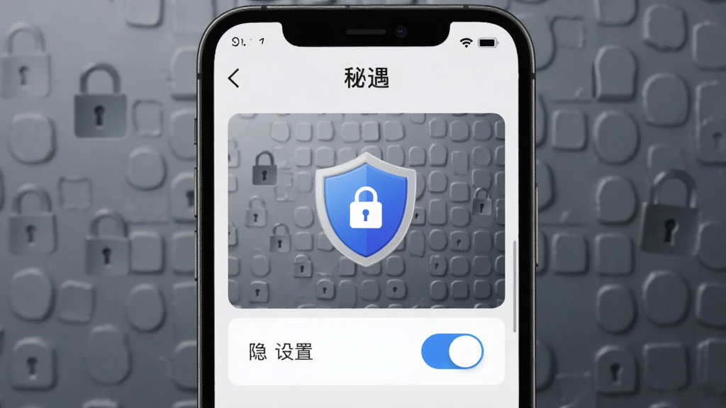 画面主体为手机屏幕显示“秘遇”隐私设置面板与盾牌安全图标,布局为居中对称,风格为简洁商务风,细节包含开关按钮、锁形图标与加密纹理背景,画质清晰,干净无多余元素