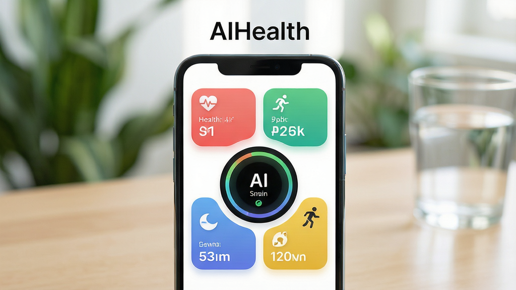 主体为一部智能手机竖屏展示AIHealth应用主界面,界面中央是圆形健康数据仪表盘,周围环绕心率、步数、睡眠、运动四个彩色数据卡片,布局为手机居中放置于浅色木质桌面,背景虚化有绿植和一杯水,排版简洁留白充足,风格为现代清新科技风,细节包括界面图标圆润、数据线条柔和、手机边缘有轻微反光,画质高清干净无多余元素,图片上方留白处写有“AIHealth”字样