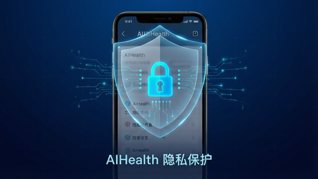 主体为一把半透明的数字盾牌悬浮在手机屏幕前方,盾牌内部有锁形图标和数据线条,手机屏幕上显示AIHealth的隐私设置页面,布局为手机居中、盾牌覆盖在屏幕上半部分,背景为深蓝色渐变带细微网格纹理,风格为网络安全科技风,细节包括盾牌边缘有微光流动、锁图标为亮蓝色、屏幕内容清晰但不刺眼,画质高清干净无多余元素,盾牌下方写有“AIHealth 隐私保护”字样