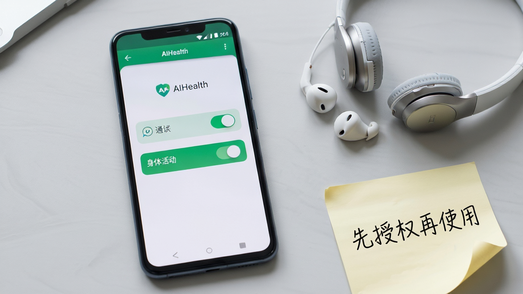主体为一部安卓手机屏幕显示AIHealth的权限设置引导页面,页面中央有通知和身体活动两个权限开关,手机旁边放着一副耳机和一张便签纸,布局为手机居中偏左、便签纸在右下角写有手写体“先授权再使用”,背景为浅灰色桌面,风格为生活化教程风,细节包括手机屏幕亮度适中、开关按钮为绿色高亮、便签纸有轻微卷边,画质高清干净无多余元素