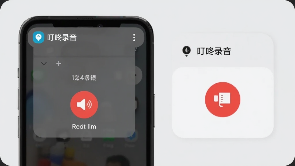 叮咚录音后台运行与快捷操作的示意图,画面展示手机通知栏下拉菜单中的录音快捷按钮,以及桌面上的录音小组件,背景为浅灰色调,风格简约商务,细节上体现“叮咚录音”字样与红色录音图标,画质清晰,干净无多余元素