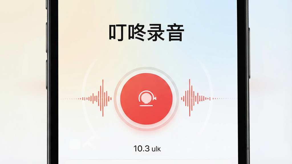 一张展示叮咚录音应用主界面的手机屏幕渲染图,画面中央是醒目的红色圆形录音按钮,按钮周围环绕着波形动画,上方显示“叮咚录音”四个中文字,背景为浅色渐变,主体突出,布局居中,风格简洁现代,细节上体现录音时长、文件列表等界面元素,画质清晰,干净无多余元素