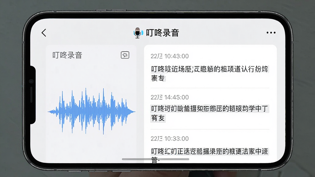 一部手机屏幕中显示叮咚录音的转写界面,左侧为音频波形,右侧为分段排列的中文文字稿,界面顶部有“叮咚录音”标识,整体采用浅色卡片式布局,风格清爽商务,细节上体现时间戳与段落分隔线,画质清晰,干净无多余元素