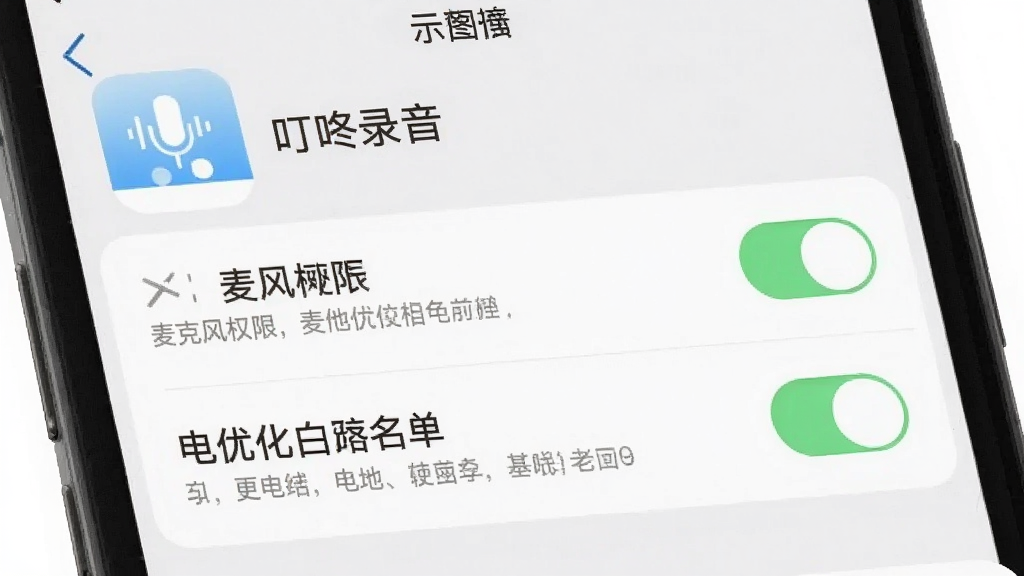 叮咚录音新手设置引导界面示意图,画面展示手机设置页面中麦克风权限与电池优化白名单的开关状态,界面风格简洁浅色,布局清晰,细节上体现“叮咚录音”应用图标与权限开关,画质清晰,干净无多余元素