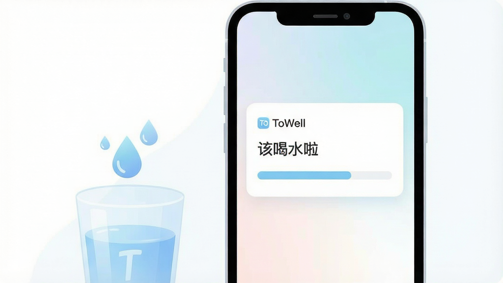 一张表现“ToWell”饮水提醒功能的插画,主体为手机屏幕弹出温和的补水提醒卡片,旁边配一只半透明水杯与水滴图标,布局为手机居中、水杯位于左下角,排版简洁留白充足,风格为柔和渐变扁平风,细节上提醒卡片带有“该喝水啦”字样、进度条呈淡蓝色,画质清晰干净,无多余元素