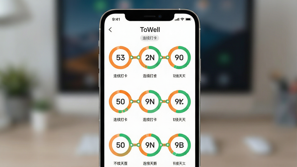 一张展示“ToWell”运动打卡与习惯养成界面的图片,主体为手机屏幕内排列多个习惯打卡圆环与连续天数链条,布局为手机正面居中、背景虚化处理,排版突出打卡圆环与数字,风格为现代简约UI展示风,细节上圆环配色为橙绿相间、链条图标连贯、屏幕内可见“连续打卡”字样,画质高清干净,无多余元素