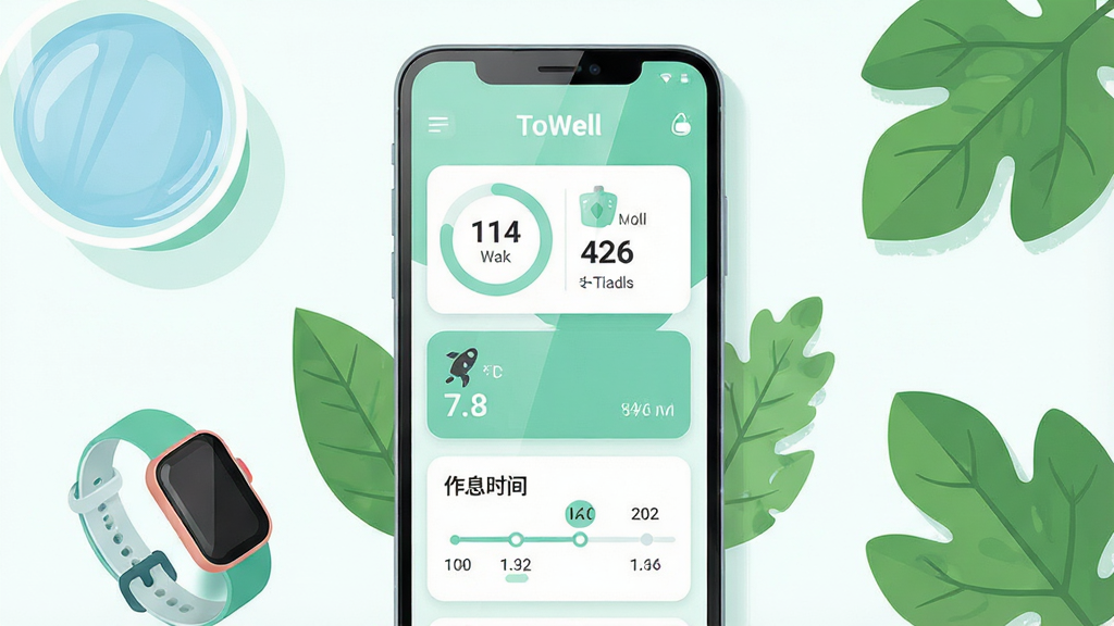 一张展示健康管理手机应用界面的场景图,画面中央是一部竖屏安卓手机,屏幕内显示“ToWell”应用主界面,包含饮水进度环、步数卡片与作息时间轴三个模块,手机周围点缀水杯、运动手环、绿叶等健康元素,布局为居中对称构图,风格为清爽扁平化插画,细节上屏幕反光自然、图标圆润、配色以薄荷绿与白色为主,画质清晰干净,无多余元素