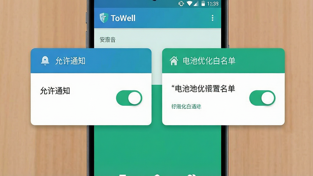 一张表现手机应用安装与权限设置的示意图,主体为安卓手机屏幕显示“允许通知”与“电池优化白名单”两个设置开关,布局为手机居中、开关卡片左右排列,排版清晰分区,风格为扁平化设置界面示意,细节上开关呈开启状态、配色为蓝绿搭配、屏幕上方有“ToWell”小字标识,画质干净清晰,无多余元素