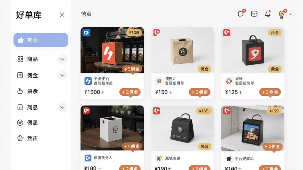 一款名为“好单库”的应用界面,画面主体为多平台商品聚合展示页,布局为左侧分类导航栏与右侧商品卡片网格,排版整齐,风格为现代简约扁平风,细节包含平台图标标识、商品图片、价格与佣金标签,画质高清,界面干净,无多余元素