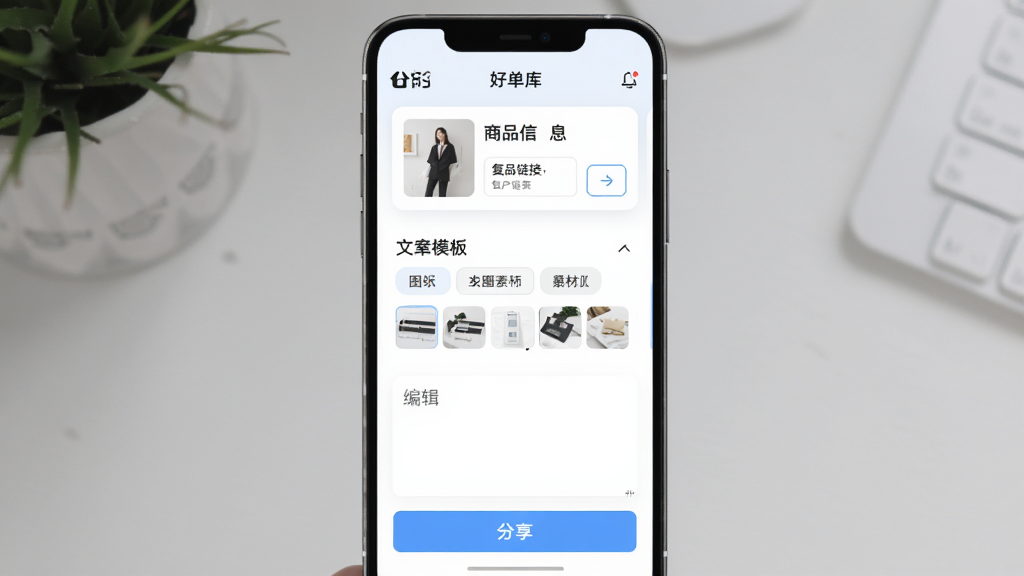 一款名为“好单库”的应用功能界面,画面展示一键转链与发圈助手操作页,布局为上方商品信息卡与下方文案编辑框及分享按钮,排版清晰,风格为清爽浅色系,细节包含复制链接按钮、文案模板选择区、图片素材缩略图,画质清晰,界面干净,无多余元素