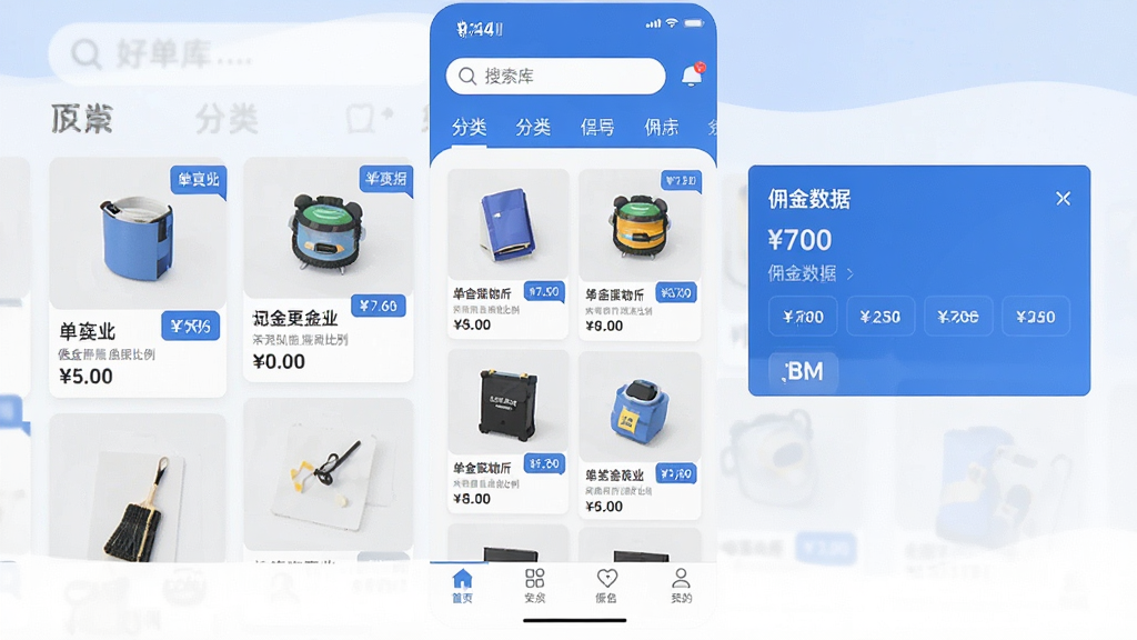 一款名为“好单库”的手机应用主界面,画面中央展示商品卡片列表与佣金数据面板,布局为上中下三层结构,顶部为搜索栏与分类标签,中部为商品瀑布流,底部为功能导航栏,整体采用蓝白配色,扁平化设计风格,细节包含商品缩略图、价格标签、佣金比例数字,画质清晰,界面干净,无多余元素