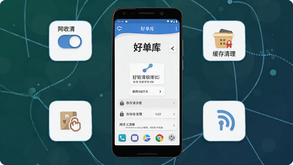 一部安卓手机屏幕展示“好单库”应用的新手引导页面,画面主体为手机界面与周围悬浮的操作提示图标,布局为居中手机展示加四周图标环绕,风格为科技感扁平插画风,细节包含权限开关图标、缓存清理图标、网络信号标识,画质清晰,画面干净,无多余元素