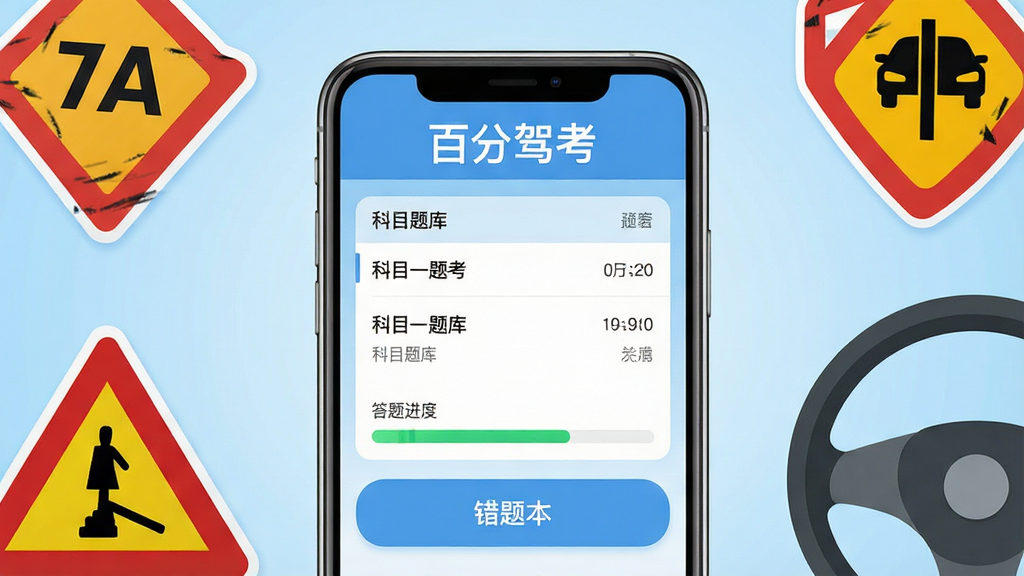 手机屏幕中央展示驾考刷题界面,顶部标题文字