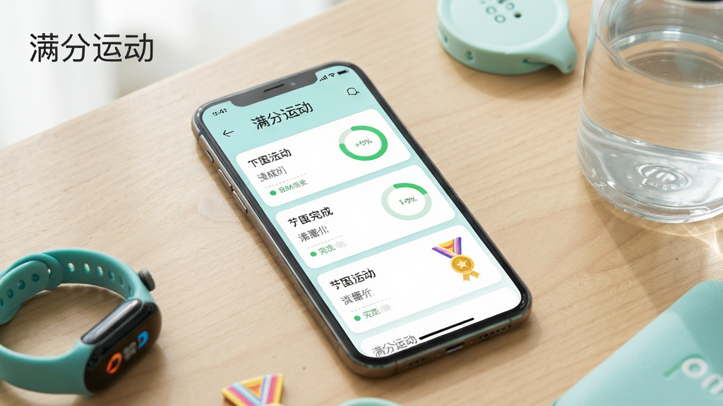 手机屏幕显示个性化训练计划日历界面,每日任务以卡片形式排列,旁边有完成进度环与奖章图标,手机放置在木质桌面,周围有运动手环与水杯,清新浅色风格,柔和光线,布局简洁,画质干净,画面中出现文字“满分运动”