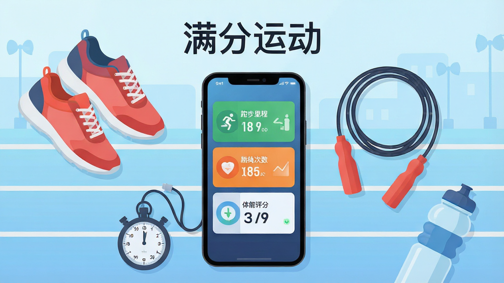 一张展示运动健康管理手机应用界面的场景图,画面中央是一部竖屏智能手机,屏幕内显示运动数据仪表盘,包含跑步里程、跳绳次数、体能评分等卡片式模块,手机周围环绕运动鞋、跳绳、秒表、水壶等运动器材,背景为浅蓝色渐变运动场跑道,整体风格清爽现代,扁平化插画风格,细节丰富,画质清晰干净,无多余元素,画面上方以简洁字体呈现文字“满分运动”
