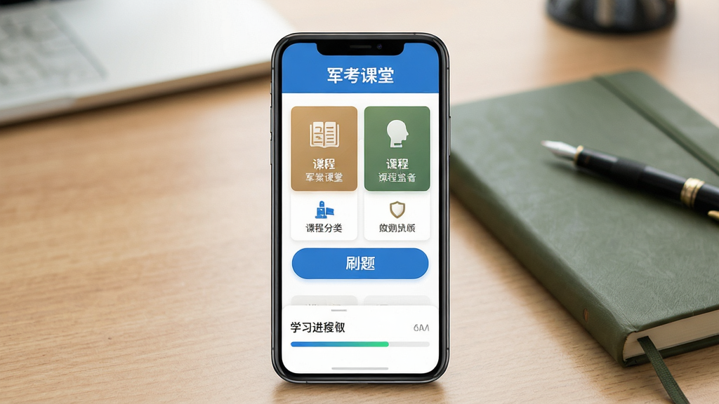 一部智能手机竖屏展示军考课堂软件首页界面,页面上方是“军考课堂”蓝色标题栏,中部为课程分类卡片和刷题入口按钮,下方是学习进度条,背景为书桌与军绿色笔记本,整体布局清晰,风格简洁教育类APP界面,细节包含图标与文字排版,画质高清干净无多余元素