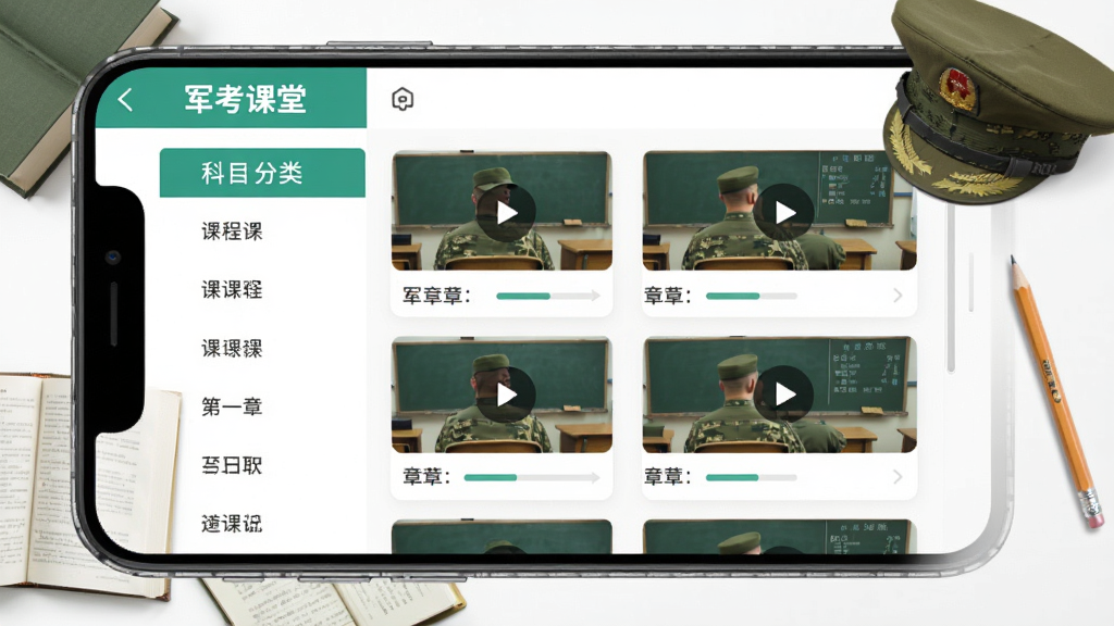 军考课堂软件内课程列表页面截图风格,手机屏幕中显示“军考课堂”课程目录,左侧为科目分类导航,右侧为章节视频卡片与进度标记,画面中加入书本、铅笔、军帽等学习元素点缀,风格清新教育类UI,排版整齐,画质清晰干净无多余元素