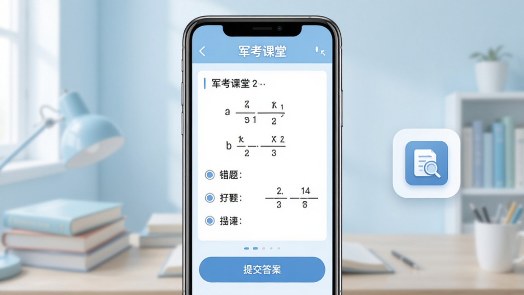 军考课堂软件刷题界面展示,手机屏幕中央是一道选择题与四个选项,下方有“提交答案”按钮,屏幕一侧悬浮错题本图标,背景为淡蓝色学习氛围,画面中包含“军考课堂”文字标识,风格简洁工具类APP界面,排版清晰,画质干净无多余元素