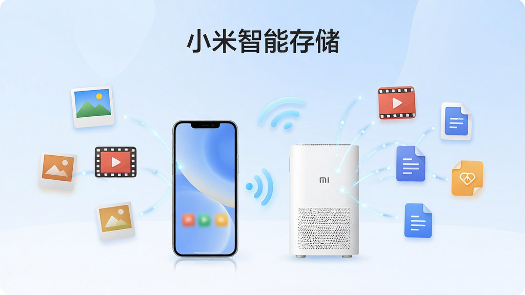 С�����ܴ洢Ӧ��������չʾ������������һ�������ֻ���һ̨��ɫ��ͥ�洢�豸ͨ�������ź���������Χ������Ƭ����Ƶ���ĵ����ļ�ͼ����������豸�У�����Ϊ���жԳƹ�ͼ���Ű����������ơ�С�����ܴ洢�����ڻ��涥�����룬���Ϊ��ˬ�Ƽ��б�ƽ�廭��ϸ�ڰ�����͵����׽��䱳����Բ��ͼ�ꡢϸ΢�Ĺ��������ߣ����ʸ���ɾ��޶���Ԫ��