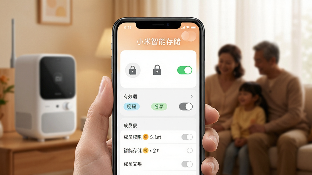 С�����ܴ洢�ļ�������Ȩ�޹������棬����Ϊһֻ�ֳ��ֻ�չʾ����������壬�������������ͼ�ꡢ��Ч��ѡ��ͳ�ԱȨ���б��������黯���ɼ���ͥ�洢�豸�뼸λ��ͥ��Ա�ļ�Ӱ������Ϊ�ֻ���д���У��Ű��ϡ�С�����ܴ洢������������������嶥�������ΪдʵUI����ϳɣ�ϸ�ڰ��������Ŀ��ؿؼ�����ɫȨ�ޱ�ǩ����ů�Ҿ�ɫ�������ʸ���ɾ��޶���Ԫ��