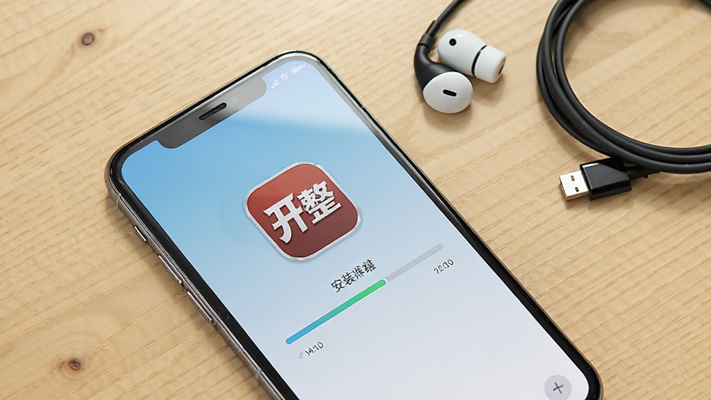 画面展示一部手机平放在桌面上,屏幕显示“开整”应用图标与安装进度条,旁边放置耳机和充电线,背景为浅色木纹桌面,布局为俯视特写,风格为生活化摄影插画,细节包括手机边缘反光和桌面纹理,画质清晰自然,画面干净整洁。