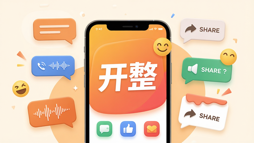 画面中心是一部智能手机,屏幕显示“开整”应用主界面,界面色彩明亮活泼,周围环绕着聊天气泡、笑脸图标、语音波形和动态分享卡片等社交元素,布局采用居中对称构图,风格为现代扁平化插画,细节包括圆角图标和柔和阴影,画质清晰锐利,背景干净无杂乱元素,整体色调温暖明快。