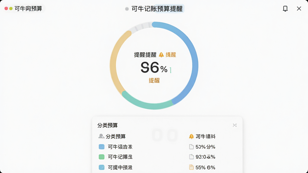 可牛记账预算提醒页面 布局为环形进度条居中 下方为分类预算列表 排版清晰 风格为清爽浅色系 细节包含百分比数字 进度环 提醒图标 画质高清 干净 无多余元素