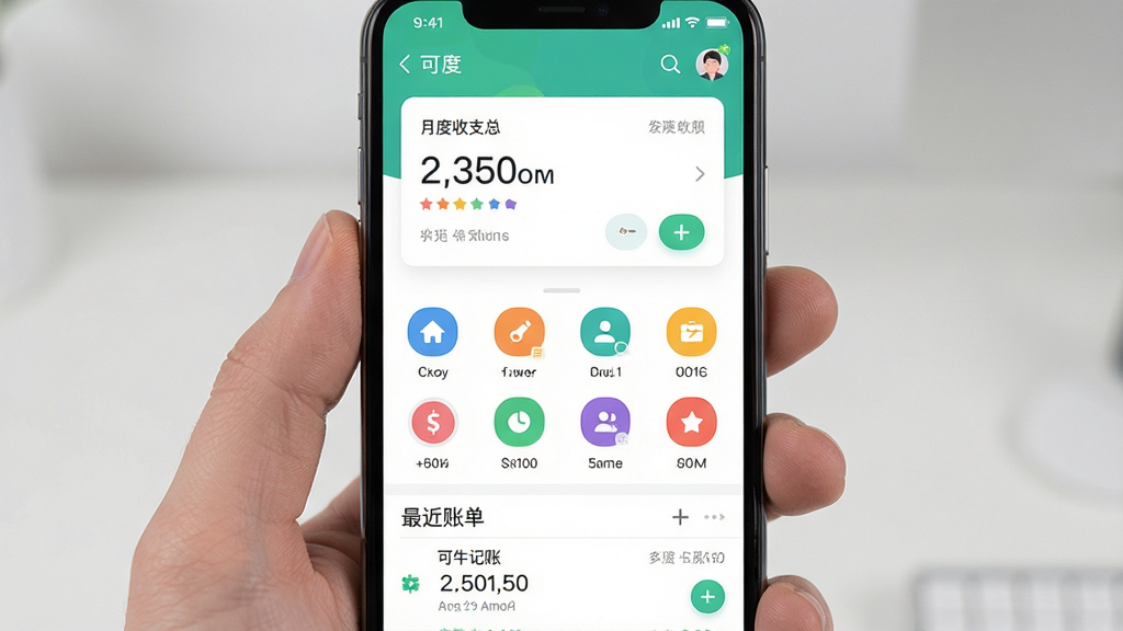 手机屏幕中央展示可牛记账应用主界面 布局为上方月度收支总览卡片 下方为分类图标网格与最近账单列表 排版整洁有序 风格为扁平化清新设计 细节包含数字金额 分类小图标 圆形按钮 画质高清 干净 无多余元素