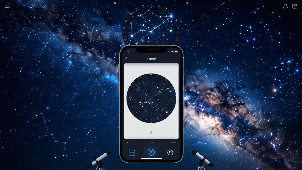 天文观星指南软件主界面星空背景中央放置手机屏幕展示星图识别功能,深蓝色夜空布局,顶部显示星图与星座连线,底部排列功能图标,风格写实科技感,细节包含闪烁星星与银河光晕,画质清晰干净无多余元素