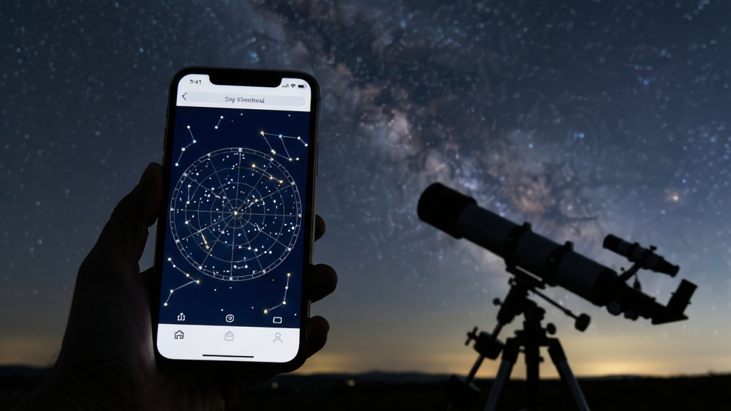 天文观星指南夜间观测场景展示手机屏幕星图与真实夜空对照,布局为手持手机仰拍视角,风格写实户外感,细节包含星座连线与望远镜剪影,画质清晰干净无多余元素