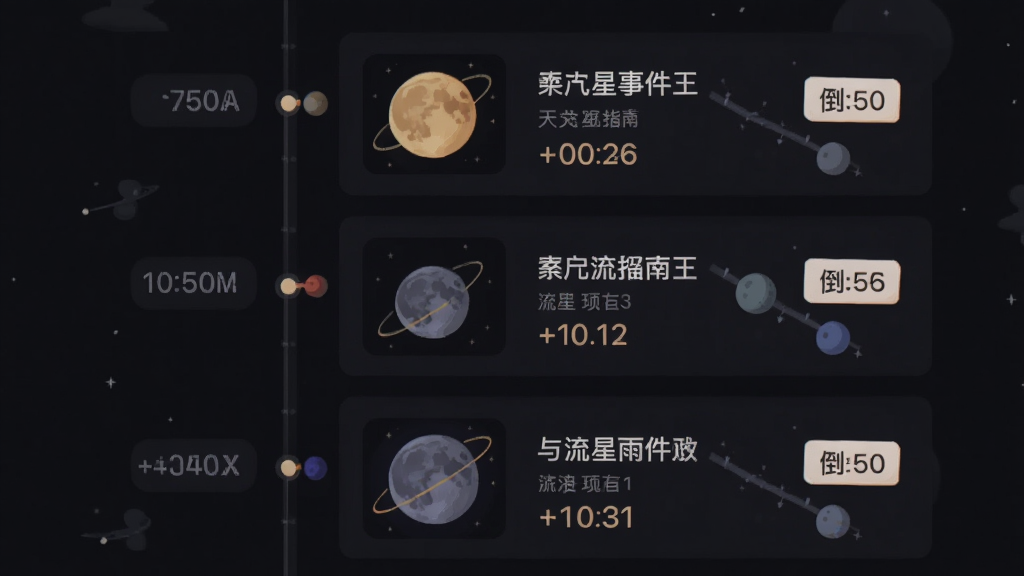 天文观星指南天象预报界面展示月食与流星雨事件列表,布局为纵向时间轴排列,风格简洁深色主题,细节包含天体插画与倒计时标签,画质清晰干净无多余元素