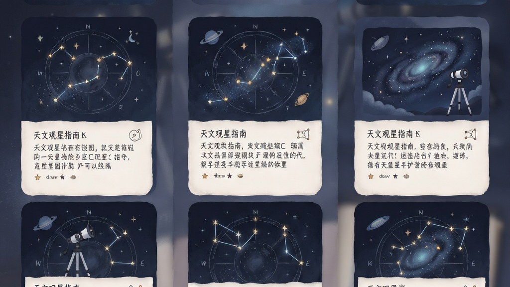天文观星指南科普知识页面展示星座故事图文卡片,布局为卡片式纵向滚动,风格柔和深色护眼,细节包含星座插画与文字段落,画质清晰干净无多余元素