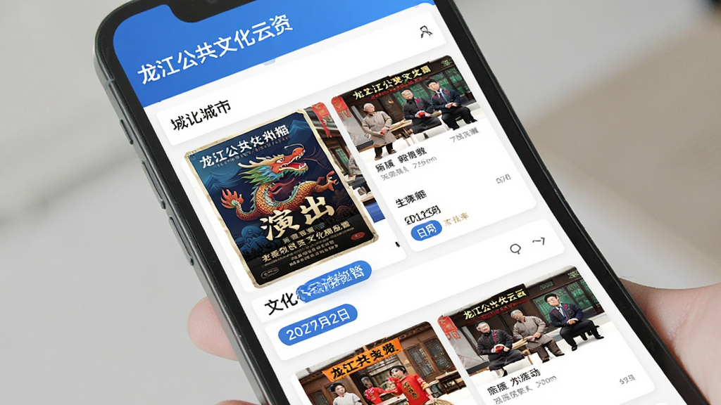 龙江公共文化云资讯浏览页面,手机界面展示按城市分类的文化活动列表,包含演出海报缩略图和日期标签,布局整齐,蓝白配色,画质清晰干净