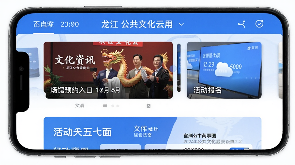 龙江公共文化云应用首页界面展示,手机屏幕中呈现文化资讯轮播图、场馆预约入口和活动报名模块,整体布局清晰,采用蓝白色调,风格简洁现代,画质干净,无多余元素