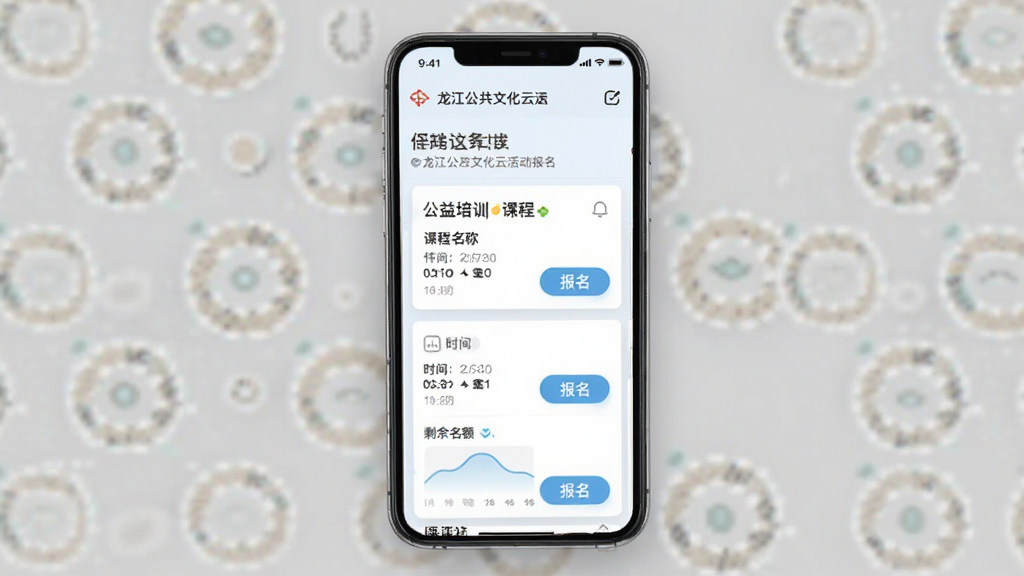 龙江公共文化云活动报名页面,手机界面展示公益培训课程卡片,包含课程名称、时间、剩余名额和报名按钮,排版清爽,浅色背景,画质干净无多余元素
