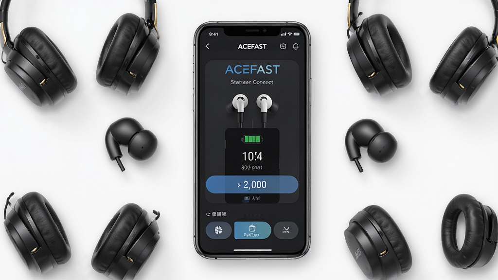 ACEFAST积速软件主界面展示,画面中央是一部智能手机屏幕显示耳机连接状态与电量信息,周围环绕ACEFAST品牌耳机产品,布局采用居中对称构图,排版简洁清晰,风格为现代科技感UI展示图,细节包含状态栏图标、设备卡片、功能按钮等元素,画质高清,画面干净,无多余元素