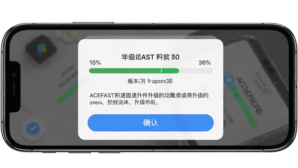 ACEFAST积速固件升级功能展示,主体为手机屏幕显示升级进度条与版本号信息,布局采用居中卡片式排版,风格为简洁工具类应用界面,细节包含进度百分比、升级说明文字、确认按钮,画质高清,画面干净,无多余元素