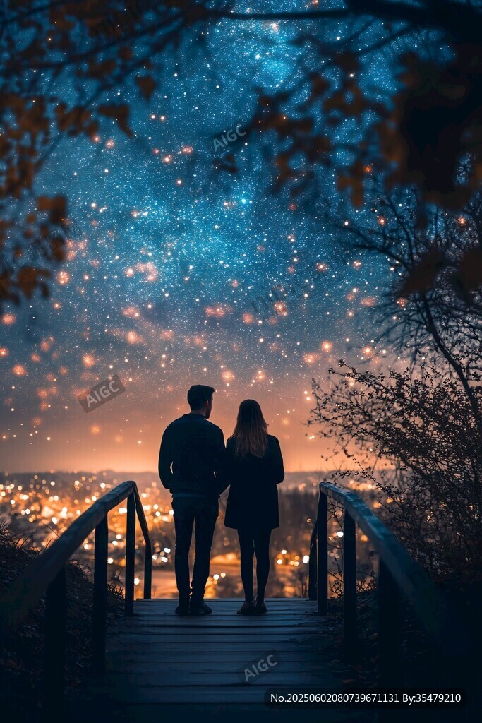 星光 情侣 夜晚散步 聊天 轻松氛围 配图
