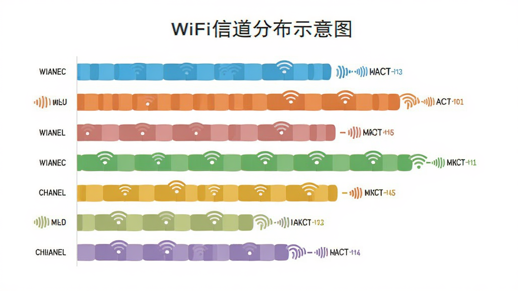 ����Ϊһ��WiFi�ŵ��ֲ�ʾ��ͼ��ͼ������״ͼ��ʽ���ж�����������źţ�����Ϊͼ��ռ�ݻ������롢�������ף��Ű�Ϊ������״�Աȣ����Ϊ����ǳɫ��Ϣͼ���ϸ�ڰ�����ͬ��ɫ���ź������ŵ���ű�ע������Ϊ���塢�ɾ����޶���Ԫ��