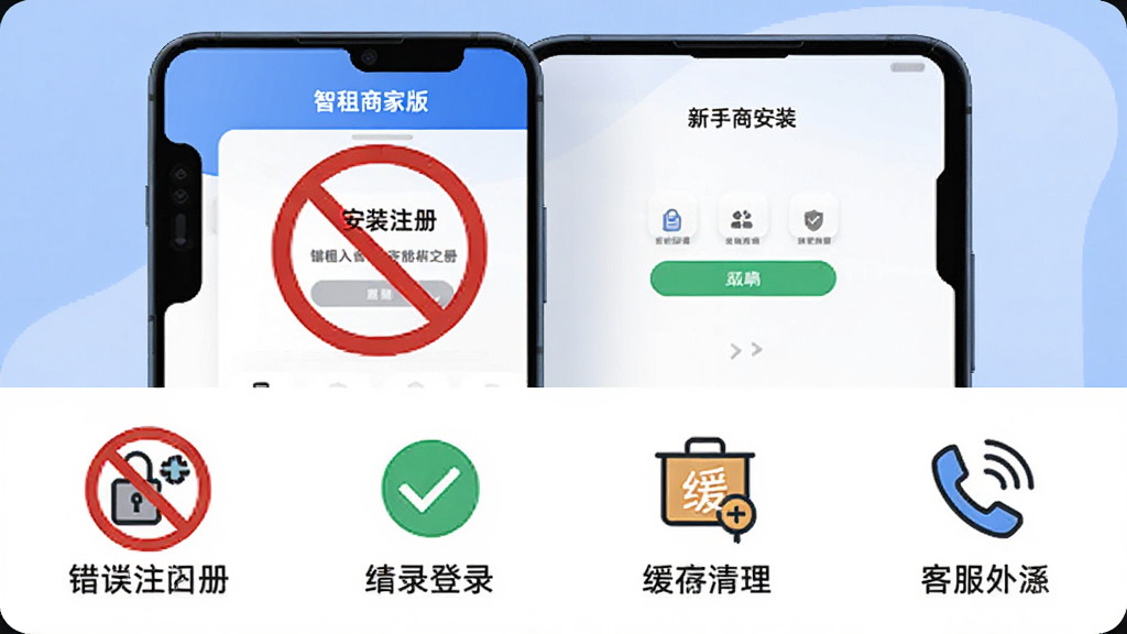 画面主体为智租商家版新手操作指引图,布局采用上下结构,上方为手机安装界面截图示意,下方为四个操作步骤图标横向排列,风格为简洁明快的教程插画风,细节包含禁止符号覆盖错误注册入口、绿色对勾标注正确登录方式、缓存清理图标、客服电话图标,画质清晰,画面干净,无多余元素