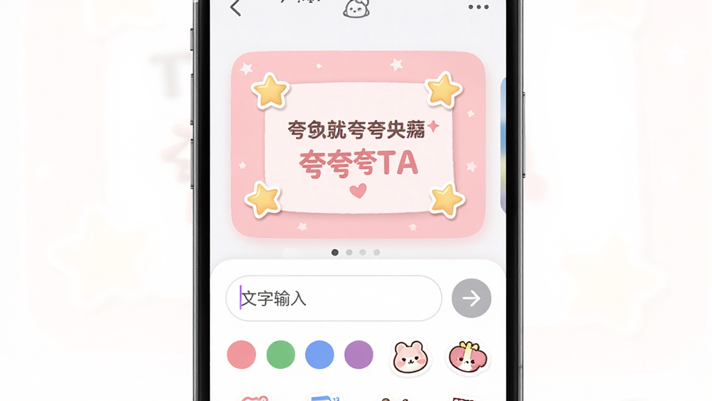 ����Ϊ�����TA���������Զ��������༭���棬�ֻ���Ļ�ϰ벿��Ϊ��ƬԤ��������ʾһ�ŷ�ɫ����������������ֽ�Ŀ�������°벿��Ϊ�༭�����������������������ɫѡ��������ֽͼ�꣬����Ϊ���·������Ű����࣬���Ϊ���Բ��UI�磬ϸ�ڰ���Բ������򡢲�ɫɫ�顢�ɰ���ֽ�����ʸ��壬�ɾ����޶���Ԫ��